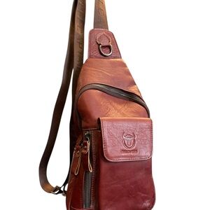 Men’s Leather Sling Backpack‎ Multi Pocket Chest Crossbody Bag Red Brown Travel